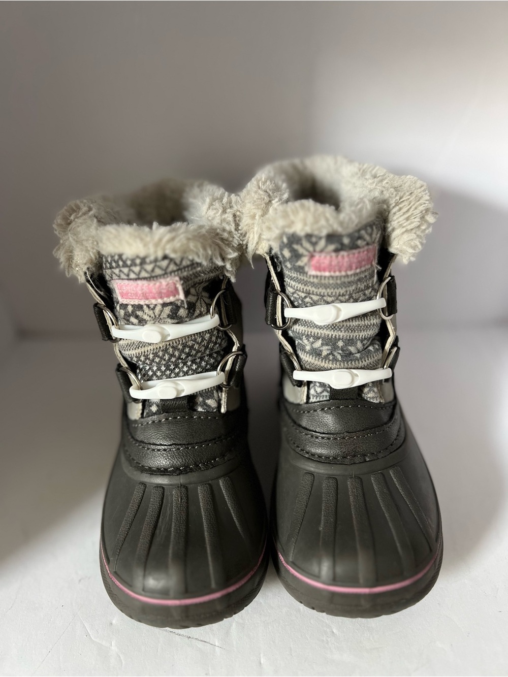 London Fog Kids Winter Snow Boots Faux Fur Gray Pink Size 8